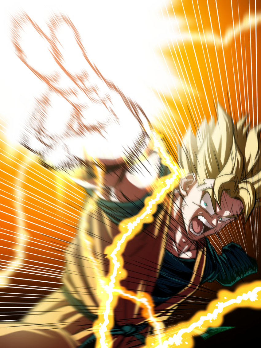 1boy absurdres amputee blonde_hair blue_eyes dougi dragon_ball dragonball_z energy heydove highres makankousappou male_focus motion_lines muscular muscular_male open_mouth shouting solo son_gohan_(future) speed_lines spiked_hair super_saiyan