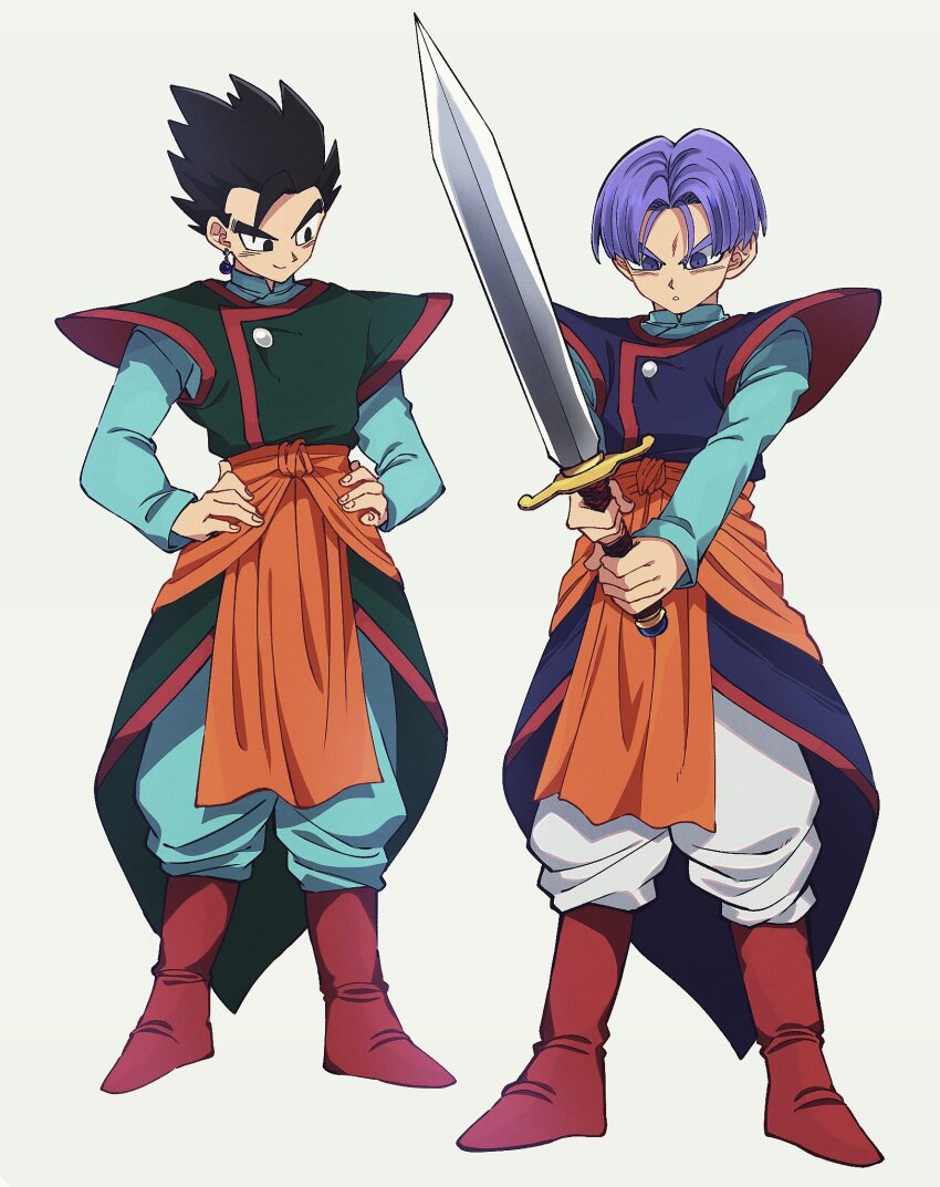 2boys black_eyes black_hair blue_pants blue_robe blue_shirt boots dragon_ball dragon_ball_super dragonball_z full_body green_robe grey_background highres holding holding_sword holding_weapon komesan_0212 multiple_boys pants purple_eyes purple_hair red_boots robe shirt simple_background spiked_hair sword trunks_(dragon_ball) trunks_(future)_(dragon_ball) weapon white_pants