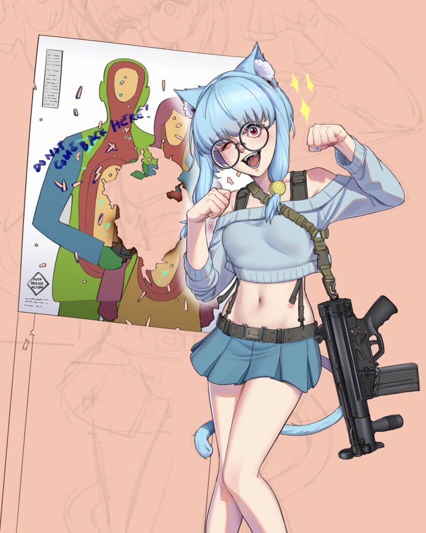 1girl absurdres animal_ears artist_name battle_rifle blue_hair blue_nails blue_sweater carbine cat_ears cat_girl cat_tail commentary cowboy_shot cropped_sweater english_commentary english_text fangs glasses gun gun_sling h&amp;k_hk51 highres keiko_(puto_trash) looking_at_viewer midriff off-shoulder_sweater off_shoulder one_eye_closed open_mouth original paw_pose pleated_skirt puto_trash red_eyes rifle round_eyewear short-barreled_rifle sidelocks silhouette_target skirt sweater tail target teeth weapon