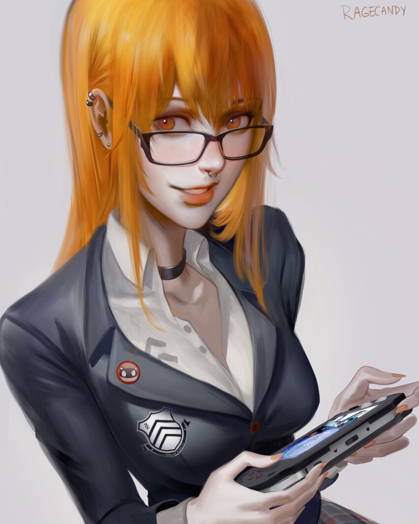 1girl absurdres aged_up artist_name badge black_choker black_jacket breasts brown_eyes button_badge choker collarbone collared_shirt ear_piercing face_piercing glasses grey_background grin handheld_game_console highres holding holding_handheld_game_console jacket lips long_hair looking_at_viewer medium_breasts morgana_(persona_5) nose_piercing nose_ring orange_hair orange_nails parted_lips persona persona_3 persona_3_portable persona_5 piercing playstation_portable ragecndy sakura_futaba school_uniform shirt shuujin_academy_school_uniform simple_background smile solo white_shirt