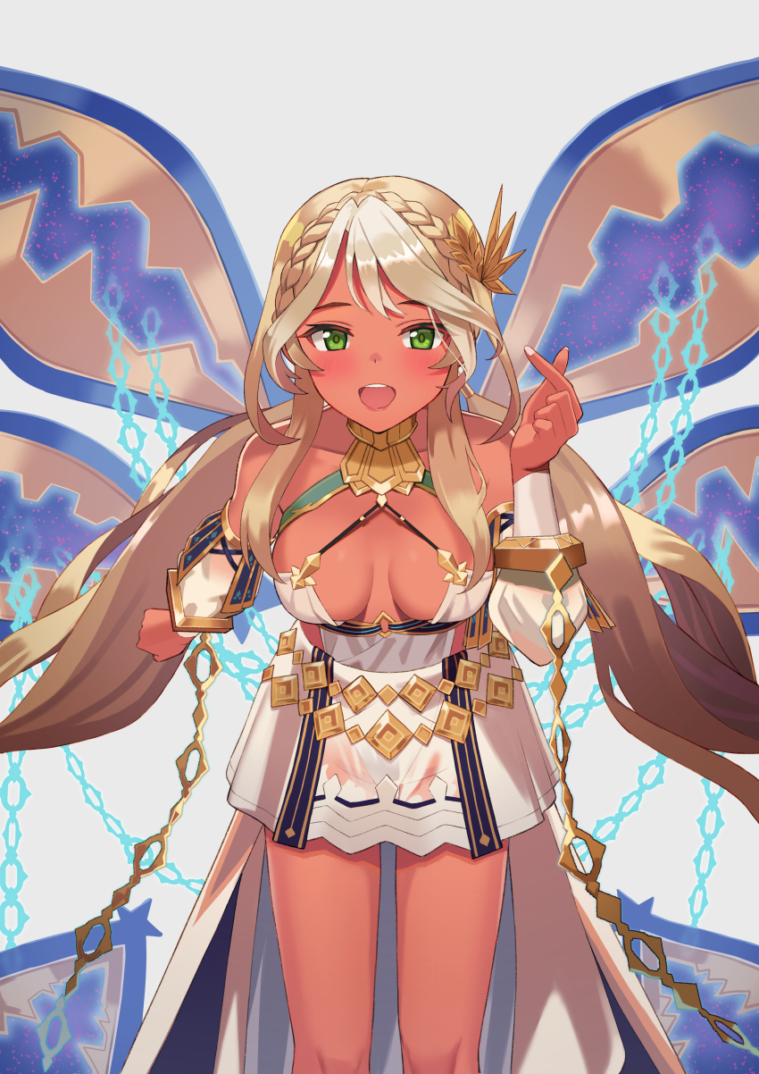 1girl absurdres andromeda_(fate) andromeda_(first_ascension)_(fate) armlet bare_shoulders belly_chain blonde_hair blush braid breasts chain cleavage collar crown_braid cuffs dark-skinned_female dark_skin detached_sleeves dress fate/grand_order fate_(series) gold_teeth green_eyes hair_ornament highres jaws jewelry large_breasts long_hair looking_at_viewer low_twintails metal_collar motukan multicolored_hair open_mouth shackles short_dress sidelocks smile solo thighs twintails two-tone_hair white_dress white_hair