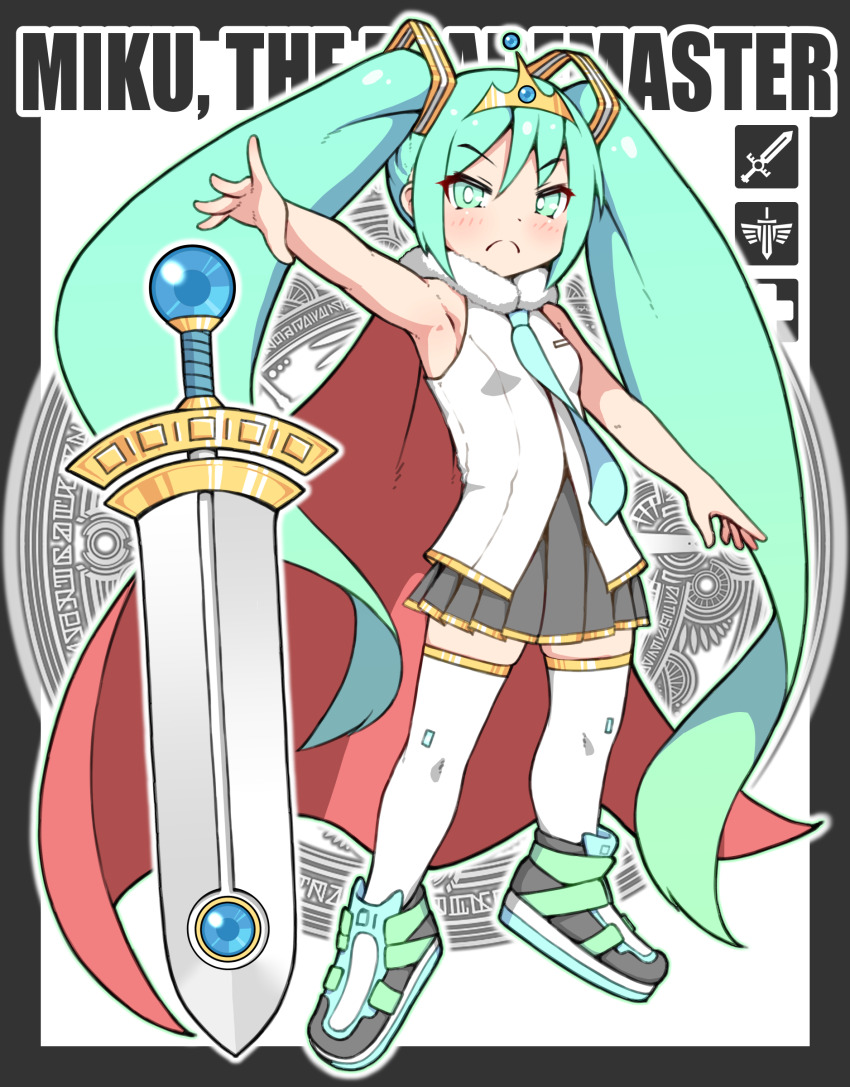 1girl absurdres black_skirt cape hatsune_miku highres katsukumori_mitsuru long_hair necktie pleated_skirt shirt shoes skirt sleeveless sleeveless_shirt solo sword thighhighs tiara twintails very_long_hair vocaloid weapon white_shirt white_thighhighs