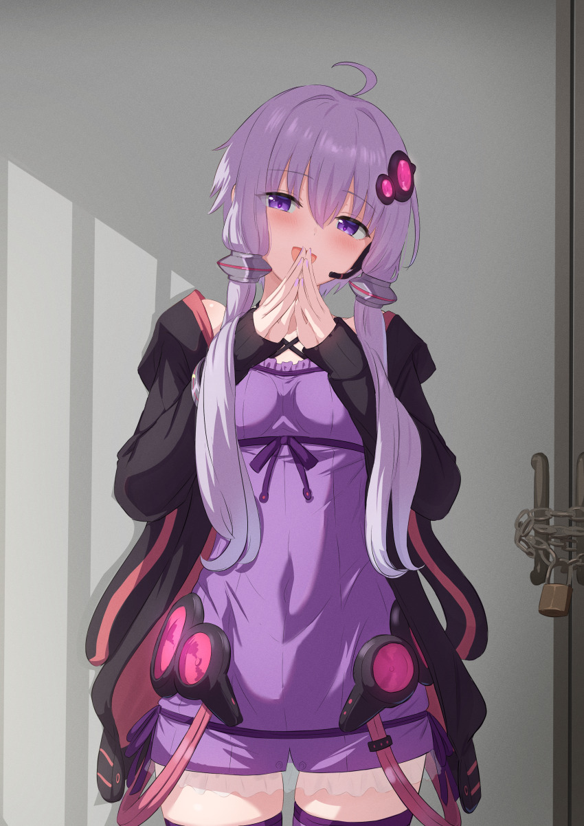 1girl absurdres ahoge blush breasts chain commentary_request covered_navel dress highres jacket lock long_hair looking_at_viewer low_twintails open_clothes open_jacket open_mouth padlock purple_dress purple_eyes purple_hair purple_thighhighs ruttse short_dress small_breasts smile solo steepled_fingers thighhighs twintails vocaloid voiceroid yuzuki_yukari zettai_ryouiki