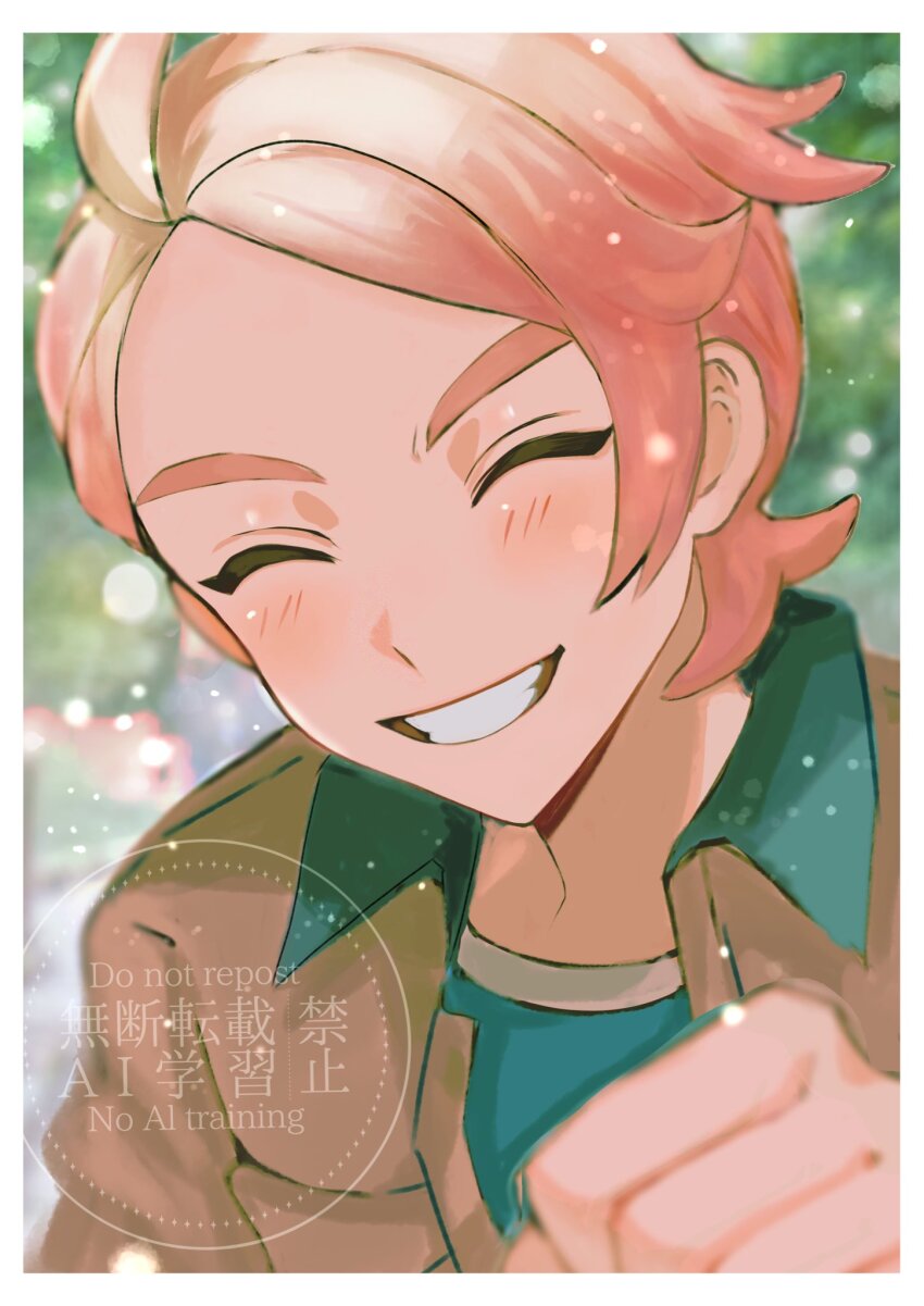 1boy blonde_hair blurry blush border brown_jacket closed_eyes collared_jacket commentary depth_of_field grin hand_up happy highres jacket male_focus mofumofuyarou nintendo pokemon pokemon_legends:_z-a shirt smile solo teeth upper_body urbain_(pokemon) watermark white_border