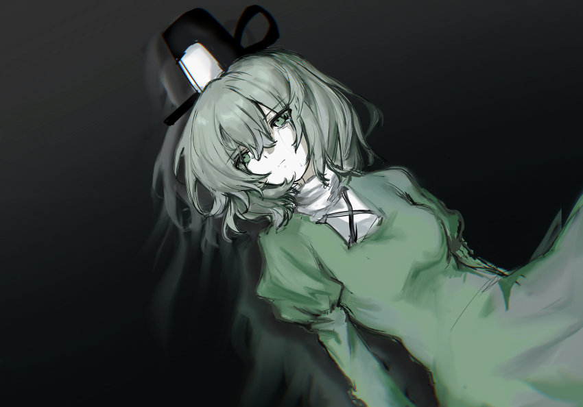 1girl black_hat closed_mouth commentary_request expressionless green_eyes green_hair grey_background hair_between_eyes hat highres juliet_sleeves long_sleeves looking_afar puffy_sleeves short_hair sixsec6ndzlater soga_no_tojiko solo tate_eboshi touhou upper_body