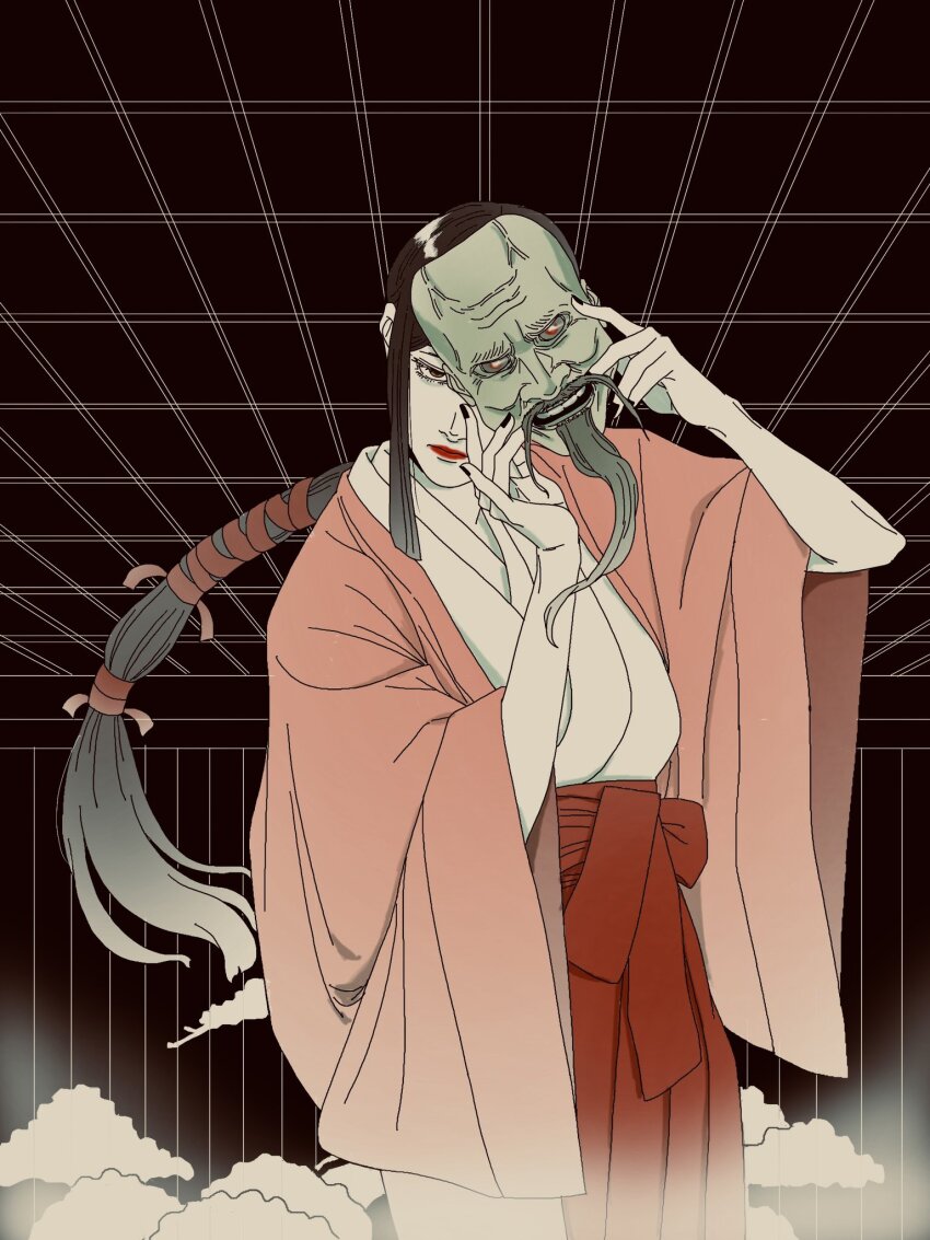 1girl black_hair fog grid highres holding holding_mask long_hair looking_at_viewer mask noh_mask original ponytail red_robe red_skirt robe shiret shirt skirt tp_p_pt traditional_media white_shirt wide_sleeves