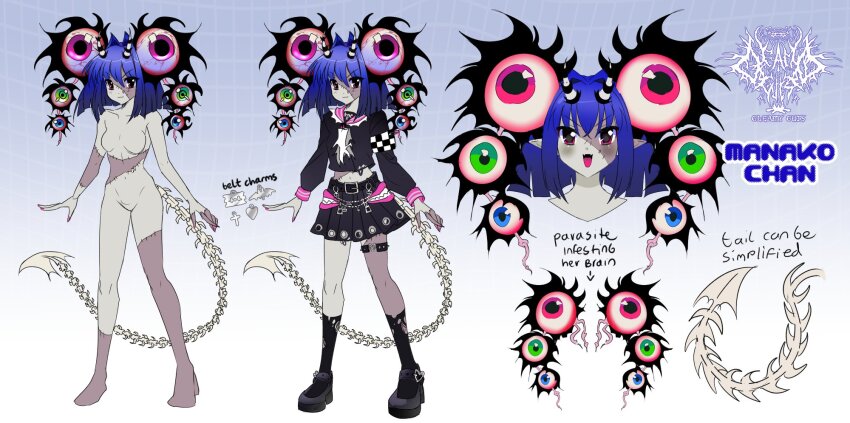 1girl 2000s_(style) artist_self-insert belt_charm blue_hair bone character_name reference_sheet charm_(object) colored_skin commentary english_commentary english_text eyeball gleamyguts grey_skin highres horns horror_(theme) manako-chan_(gleamyguts) medium_hair monster_girl multiple_views no_nipples no_pussy nude original parasite pleated_skirt pointy_ears punk red_eyes school_uniform serafuku skirt tail