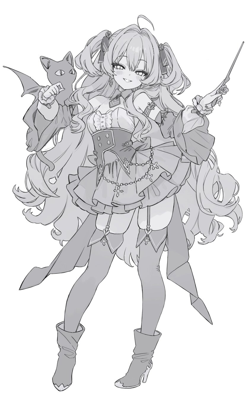 1girl absurdres ahoge bare_shoulders blush boots breasts center_frills character_request corset detached_collar detached_sleeves freng frilled_skirt frills full_body garter_straps greyscale hair_between_eyes high_heel_boots high_heels highres holding long_hair long_sleeves looking_at_viewer monochrome simple_background skirt small_breasts smile solo teeth thighhighs two_side_up white_background