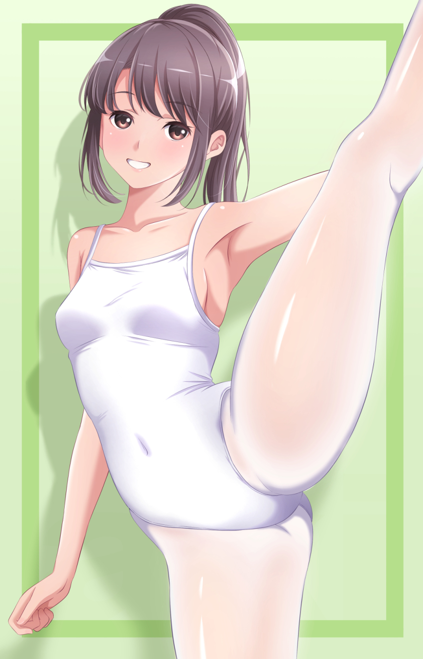 1girl akippoi_0919 armpits bare_shoulders brown_eyes brown_hair highleg highres original pantyhose ponytail school_swimsuit split standing standing_on_one_leg standing_split swimsuit white_pantyhose
