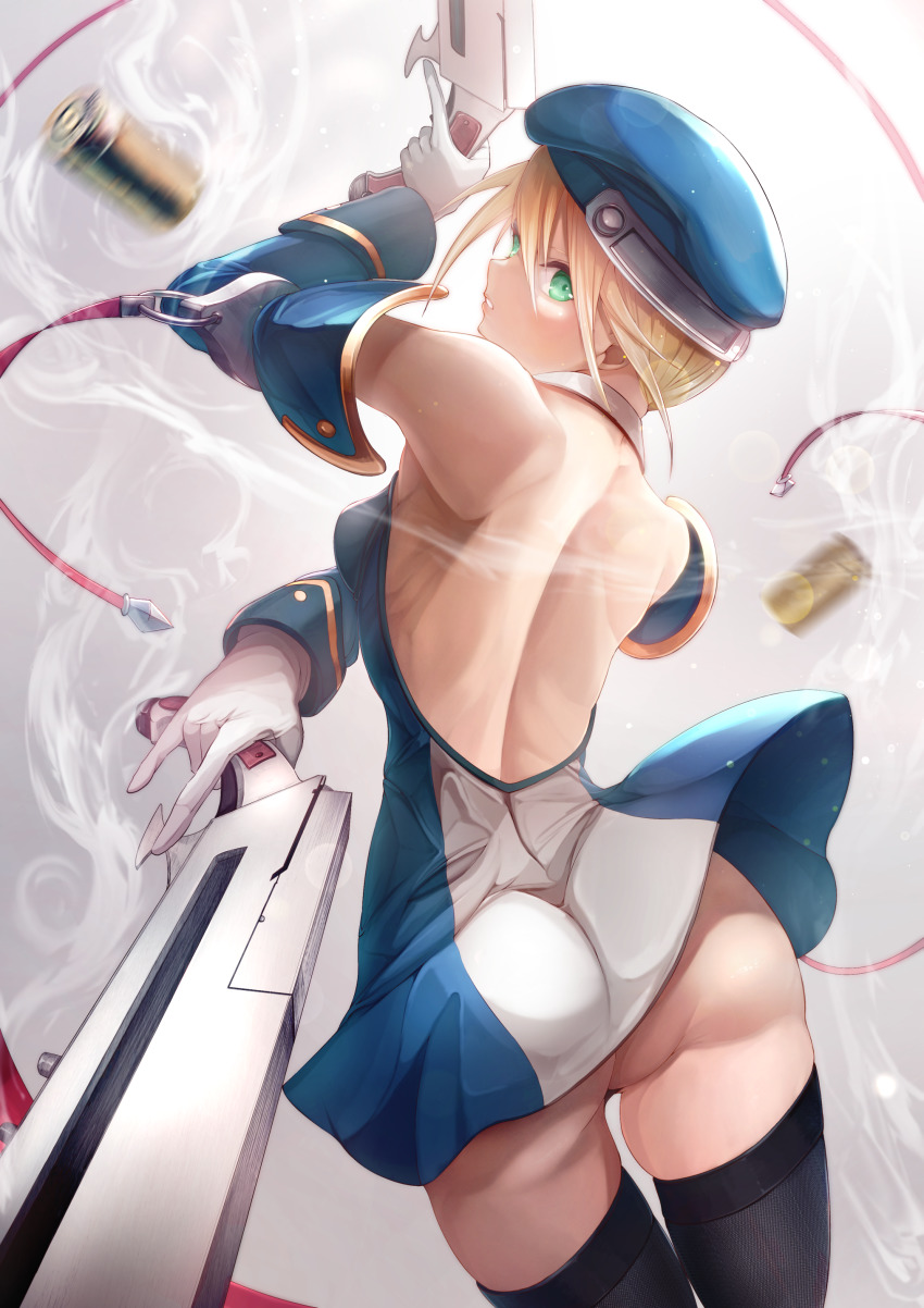 1girl absurdres ass back backless_dress backless_outfit bare_shoulders beret black_thighhighs blazblue blonde_hair blue_hat bolverk breasts dai_toro dress dual_wielding eyebrows from_behind gloves green_eyes hat highres holding leotard medium_breasts noel_vermillion shell_casing solo thighhighs white_background white_gloves