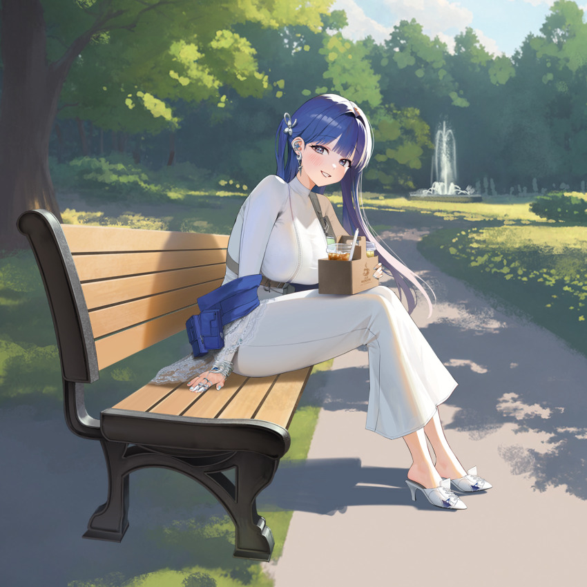 1girl arcana_(nikke) bench blue_eyes blue_hair breast_zipper dress goddess_of_victory:_nikke high_heels highres long_dress long_hair long_sleeves non-web_source official_art park park_bench solo tight_clothes tight_dress zipper_dress