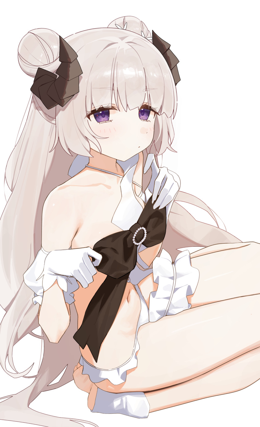 1girl absurdres bare_shoulders bikini black_bow blush bow breasts demon_horns double_bun frilled_bikini frills gloves hair_bun highres horns long_hair looking_at_viewer navel original puffy_short_sleeves puffy_sleeves purple_eyes short_sleeves simple_background sitting small_breasts solo swimsuit syhan wariza white_background white_bikini white_gloves