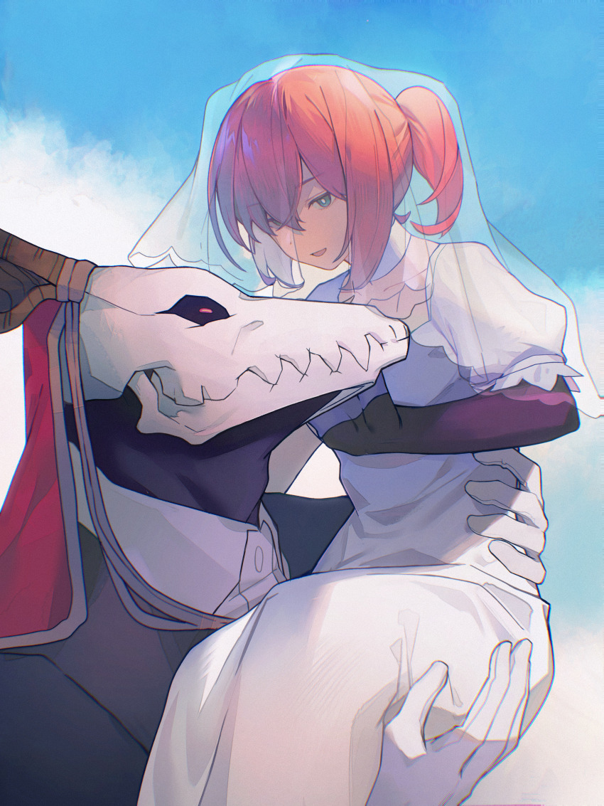 1boy 1girl absurdres animal_skull baojiang_tuzhi black_gloves blue_eyes blue_sky bridal_veil bride bright_pupils carrying couple crossed_bangs dress elbow_gloves elias_ainsworth film_grain gloves groom hair_between_eyes half-closed_eyes hand_on_another&#039;s_back hand_on_another&#039;s_cheek hand_on_another&#039;s_face hatori_chise height_difference highres light_smile lone_nape_hair looking_at_another mahou_tsukai_no_yome mask monster_boy outdoors parted_lips pink_hair ponytail princess_carry puffy_short_sleeves puffy_sleeves see-through_clothes see-through_veil short_ponytail short_sleeves sidelocks skull_mask sky veil wedding_dress white_dress white_gloves white_pupils