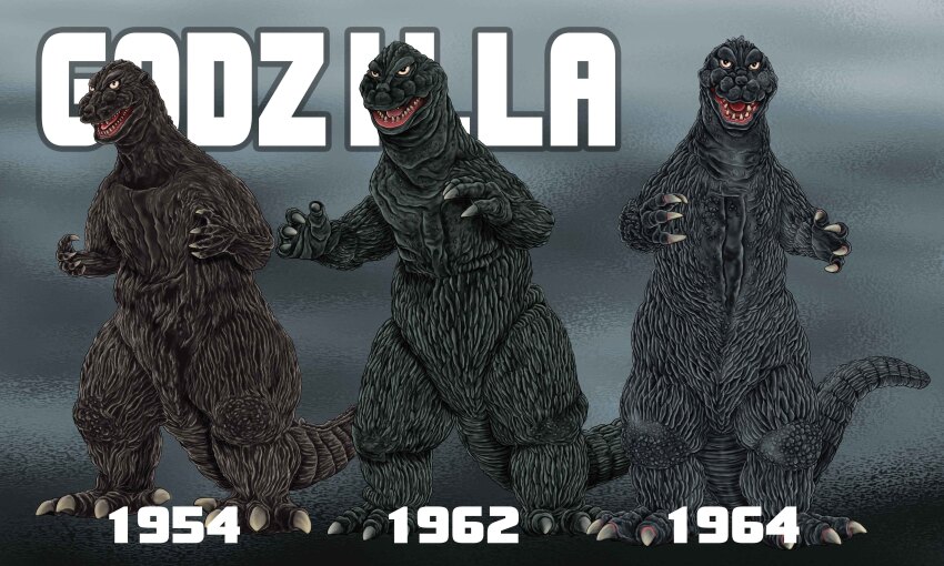 absurdres character_name claws crossover dinosaur godzilla godzilla_(1954) godzilla_(series) highres kaiju king_kong_(series) king_kong_vs._godzilla monster mothra_vs._godzilla multiple_persona open_mouth satoru33 tail teeth toho tongue
