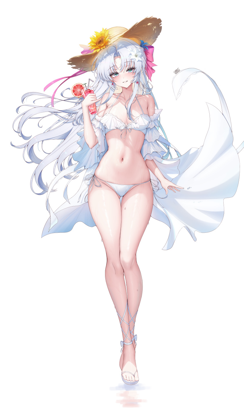 1girl absurdres alternate_costume bare_shoulders bikini blush bow breasts carlotta_(wuthering_waves) cherry commentary cup drinking_glass drinking_straw earrings flower food front-tie_bikini_top front-tie_top fruit full_body groin hair_bow hat hat_flower highres holding holding_cup jewelry juice lilac_(k32420276) long_hair medium_breasts navel orange_(fruit) orange_slice parted_bangs parted_lips sandals side-tie_bikini_bottom simple_background smile solo stomach swimsuit thigh_gap toes very_long_hair white_background white_bikini wuthering_waves
