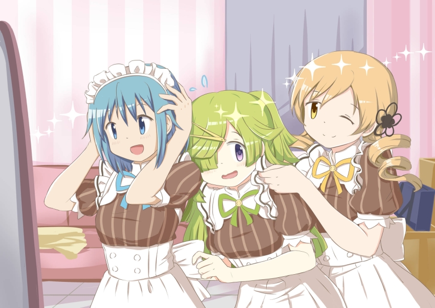 3girls aki_mabayu apron blonde_hair blue_hair couch drill_hair green_hair highres kishimen_hair magia_record:_mahou_shoujo_madoka_magica_gaiden mahou_shoujo_madoka_magica maid_apron medium_hair miki_sayaka multiple_girls one_eye_closed one_eye_covered purple_eyes recompense_maid_uniform selistella tomoe_mami twin_drills waitress yellow_eyes