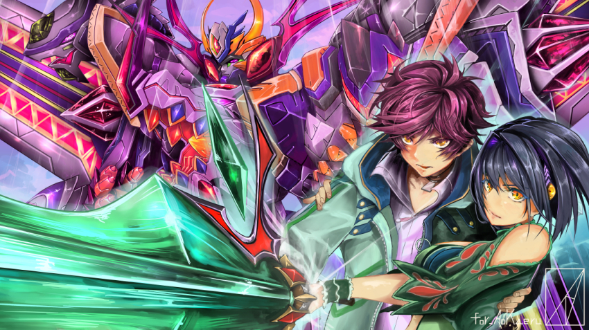 1boy 1girl black_hair breasts brown_eyes clothing_cutout denjyou23 granteed_dracodeus green_shirt grey_jacket hand_on_another&#039;s_back holding holding_sword holding_weapon hood hooded_jacket jacket katia_grineal large_breasts looking_ahead mecha open_hands orange_eyes purple_eyes purple_hair purple_shirt robot science_fiction shirt shoulder_cutout super_robot super_robot_wars super_robot_wars_judgement super_robot_wars_og_moon_dwellers super_robot_wars_original_generation sword touya_shiun v-shaped_eyebrows weapon