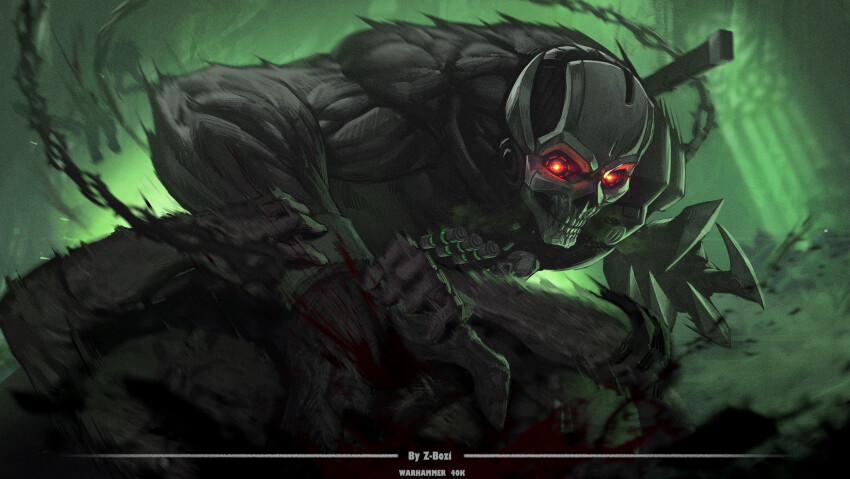 1boy armor artificial_eye assassin blood chain clawed_hands eversor_assassin fingernails glowing glowing_eyes grabbing green_theme highres mask mechanical_eye officio_assassinorum pauldrons red_eyes sharp_fingernails shoulder_armor single_pauldron skull skull_mask solo_focus teeth warhammer_40k weapon zhang_bozi