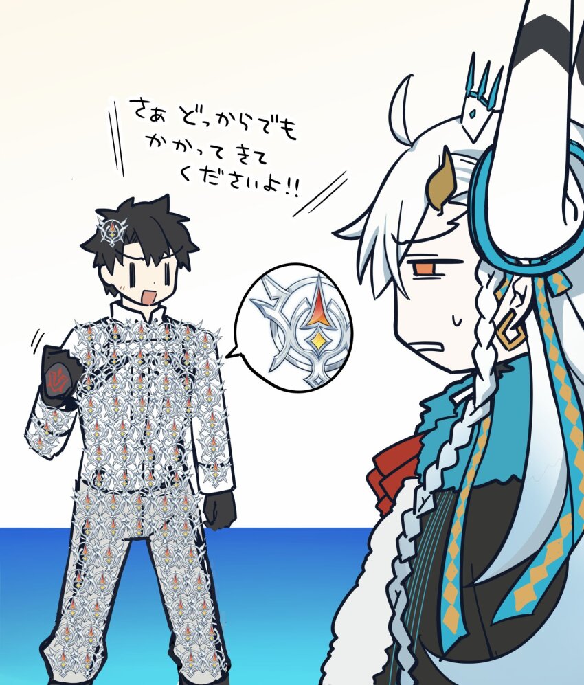 1boy 1girl ahoge black_cape black_gloves black_hair braid cape chibi command_spell crossed_bangs e-aqua_marie earrings fate/grand_order fate_(series) fujimaru_ritsuka_(male) fujimaru_ritsuka_(male)_(decisive_battle_chaldea_uniform) fur-trimmed_cape fur_trim gameplay_mechanics gloves hat highres horns jacket jewelry looking_at_another neck_ribbon ohitashi_netsurou olga_marie_animusphere open_mouth pants profile red_ribbon ribbon side_braid smile sweatdrop translation_request u-olga_marie white_hair white_hat white_jacket white_pants yellow_eyes