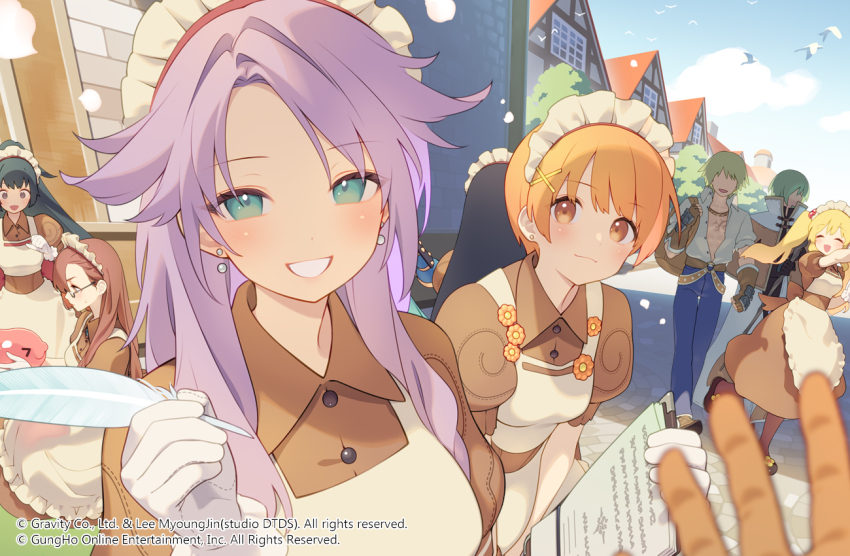 2boys 6+girls :3 apron belt bird black_hair blacksmith_(ragnarok_online) blonde_hair blossom_(ragnarok_online) blue_eyes blue_pants blue_sky blush breasts brown_belt brown_capelet brown_dress brown_gloves brown_hair cape capelet clipboard closed_eyes cobblestone commentary_request copyright_notice curly_sue day dress earrings faceless faceless_male fingerless_gloves gayarou glasses gloves green_hair grin hair_bobbles hair_ornament holding holding_clipboard holding_quill in-universe_location jasmine_(ragnarok_online) jewelry kafra_uniform large_breasts leilah_(ragnarok_online) long_hair looking_at_viewer mage_(ragnarok_online) maid maid_headdress medium_breasts multiple_boys multiple_girls official_art official_wallpaper open_mouth orange_eyes orange_hair outdoors paid_reward_available pants pavianne_(ragnarok_online) poring puffy_short_sleeves puffy_sleeves purple_hair quill ragnarok_online roxie_(ragnarok_online) shirt short_hair short_sleeves sky slime_(creature) smile stud_earrings twintails upper_body white_apron white_cape white_gloves white_shirt x_hair_ornament