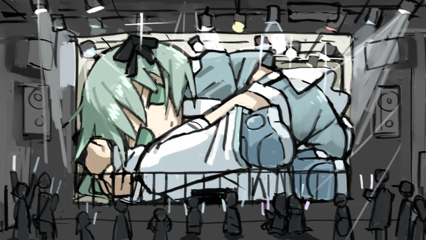 aqua_eyes aqua_hair audience black_bow blue_footwear bow concert cramped encasement expressionless giant giantess glowstick hair_bow highres idol jitome leg_warmers original spot_color stage stage_lights trapped tsukumizu_yuu white_leg_warmers