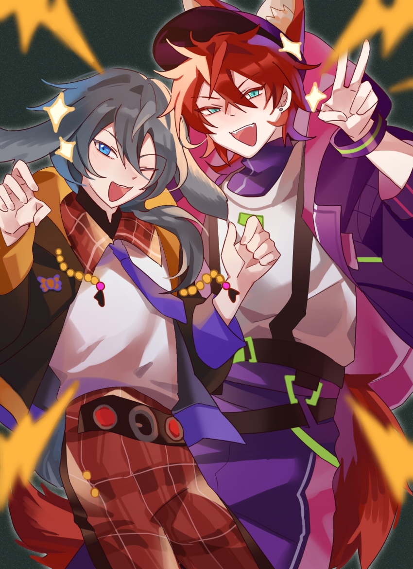 2boys ;d amagi_rinne animal_ears aqua_eyes black_jacket blue_eyes chinese_commentary collared_shirt colored_eyelashes commentary_request drawstring earrings ensemble_stars! fangs fox_boy fox_ears fox_tail grey_hair hair_between_eyes hat height_difference highres hood hood_down hooded_jacket jacket jewelry kemonomimi_mode lop_rabbit_ears low_ponytail male_focus multiple_boys one_eye_closed open_clothes open_jacket open_mouth pants plaid_clothes plaid_pants ponytail purple_hat purple_jacket purple_pants rabbit_boy rabbit_ears red_hair red_pants shiina_niki shirt short_hair side_ponytail smile stud_earrings suspenders tail tie_fei_wu_mang_dashuai v v-shaped_eyebrows white_shirt wristband