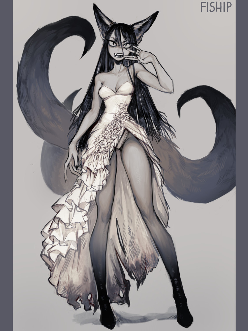 1girl absurdres animal_ears breasts cleavage colored_skin contrapposto dress extra_tails fangs fingernails fox_ears fox_girl fox_tail grey_skin greyscale hand_up highres jewelry looking_at_viewer matilda_fiship medium_breasts monochrome multiple_rings open_mouth original ring sharp_fingernails slit_pupils solo standing tail wedding_dress