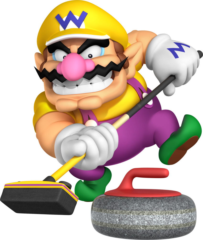 1boy 3d absurdres arm_up big_nose broom buttons cabbie_hat clothes_writing curling curling_broom curling_stone facial_hair fat fat_man full_body gloves green_shoes grin happy hat highres holding holding_broom leg_up male_focus mario_&amp;_sonic_(series) mario_&amp;_sonic_at_the_olympic_winter_games mario_(series) muscular muscular_male mustache nintendo official_art overalls playing_sports pointy_ears pointy_footwear purple_overalls running shirt shoes short_sleeves simple_background smile solo standing standing_on_one_leg teeth thick_eyebrows third-party_source transparent_background two-handed wario white_gloves yellow_hat yellow_shirt