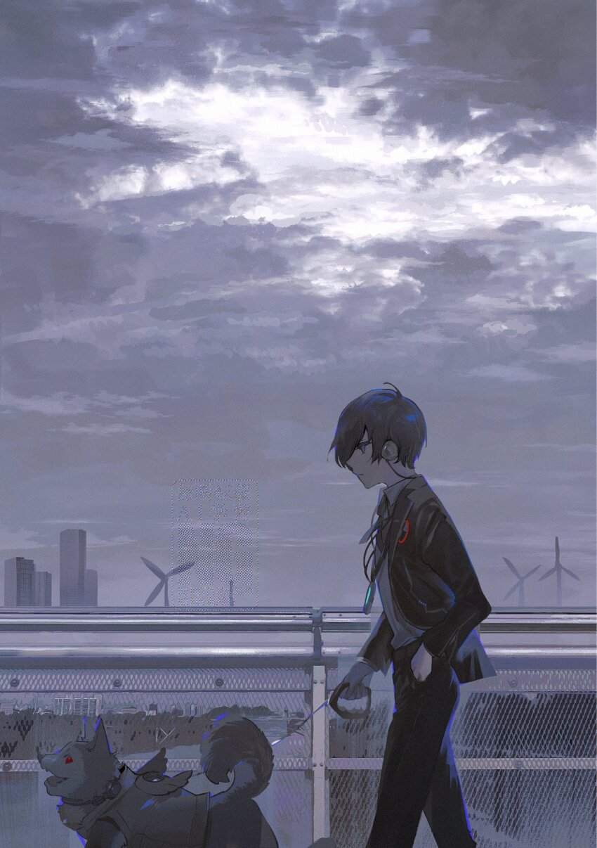 1boy animal black_jacket black_pants building closed_mouth clothed_animal cloud cloudy_sky digital_media_player dog from_side gapamopa gekkoukan_high_school_uniform hand_in_pocket highres jacket koromaru_(persona) leash male_focus open_mouth outdoors pants persona persona_3 pet_walking profile railing red_eyes school_uniform sky wind_turbine windmill yuuki_makoto_(persona_3)