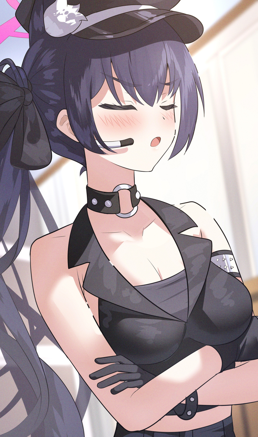 1girl absurdres animal_ear_fluff animal_ears bare_shoulders black_choker black_gloves black_hair black_hat black_ribbon blue_archive blush breasts cat_ears cat_girl choker closed_eyes commentary crossed_arms earpiece gloves hair_ribbon halo hat highres idol idol_clothes long_hair medium_breasts o-ring o-ring_choker official_alternate_costume official_alternate_hairstyle open_mouth peaked_cap pink_halo ribbon serika_(blue_archive) serika_(idol)_(blue_archive) side_ponytail sleeveless solo sysen