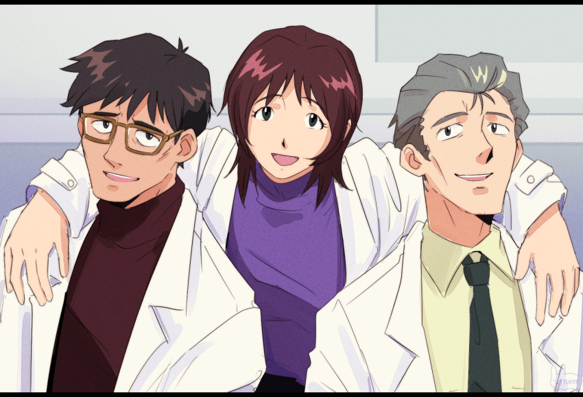 1girl 2boys :d aged_down arms_around_neck black_eyes black_necktie black_pants brown-framed_eyewear brown_eyes brown_hair cheekbones coat collared_shirt commentary dress_shirt fuyutsuki_kouzou grey_hair hair_slicked_back ikari_gendou ikari_yui indoors lab_coat leaning_forward long_sleeves medium_hair multiple_boys necktie neon_genesis_evangelion nerv newyork1880 open_clothes open_coat open_mouth pants parted_lips purple_sweater raised_eyebrows rectangular_eyewear red_sweater shirt sitting smile standing sweater teeth thick_eyebrows turtleneck turtleneck_sweater upper_body upper_teeth_only upturned_eyes white_coat yellow_shirt