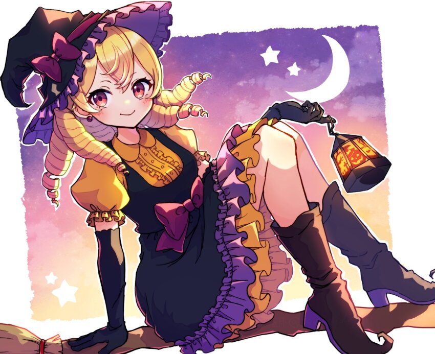 1girl alternate_costume blonde_hair boots broom broom_riding closed_mouth crescent_moon dress drill_hair earrings elbow_gloves fire_emblem fire_emblem_awakening gloves gogatsu_(yeaholiday) halloween_costume hat highres jewelry lantern long_hair looking_at_viewer maribelle_(fire_emblem) moon nintendo puffy_short_sleeves puffy_sleeves purple_gloves short_sleeves smile solo star_(sky) star_(symbol) witch_hat