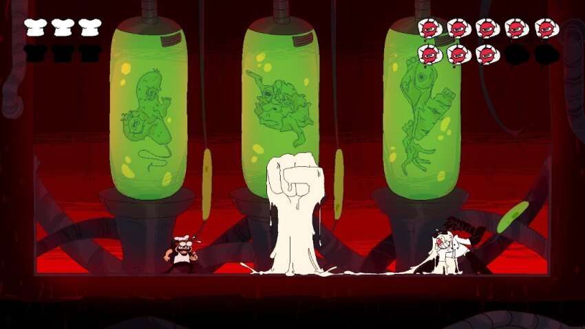 1boy 1girl black_boots black_gloves boots boss_fight cheese cheese_hair cheese_trail facial_hair fetus fighting food gloves laboratory mother_agony mozzarella_(mother_agony) mustache original peppino_spaghetti pizza_tower red_eyes sprite sprite_art
