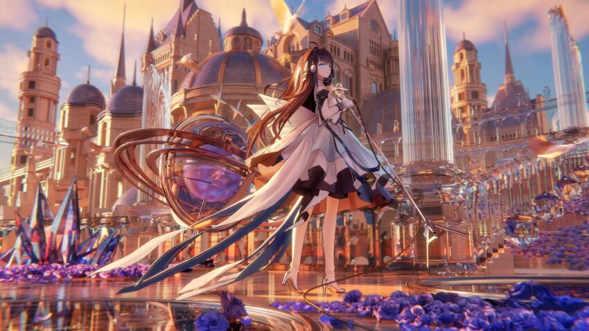 1girl ahoge architecture arknights arm_warmers astesia_(arknights) astesia_(frlibe_on_the_palace)_(arknights) blue_eyes blue_hair building celestial_globe city cloud coattails dress fake_wings flower full_body gloves golden_hour gradient_gloves high_heels highres holding holding_microphone_stand long_hair microphone microphone_stand official_alternate_costume outdoors pom_pom_(clothes) purple_flower sc068 scenery shoes short_dress sky solo white_dress white_gloves wings yellow_shoes