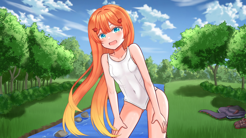 1girl absurdres alienmangap belly blonde_hair blue_eyes blush blush_stickers breasts bush cloud cloudy_sky commission flat_chest grass hair_ornament hands_on_own_thighs highres hood hoodie horns knee_up knees_up looking_at_viewer miki_hitsugi multicolored_hair navel nose one-piece_swimsuit open_mouth orange_hair outdoors pants river rock shoes shorts sky small_breasts smile solo specialite_(company) specialite_en swimsuit tail thighs tree unworn_pants unworn_shoes unworn_shorts virtual_youtuber water white_one-piece_swimsuit