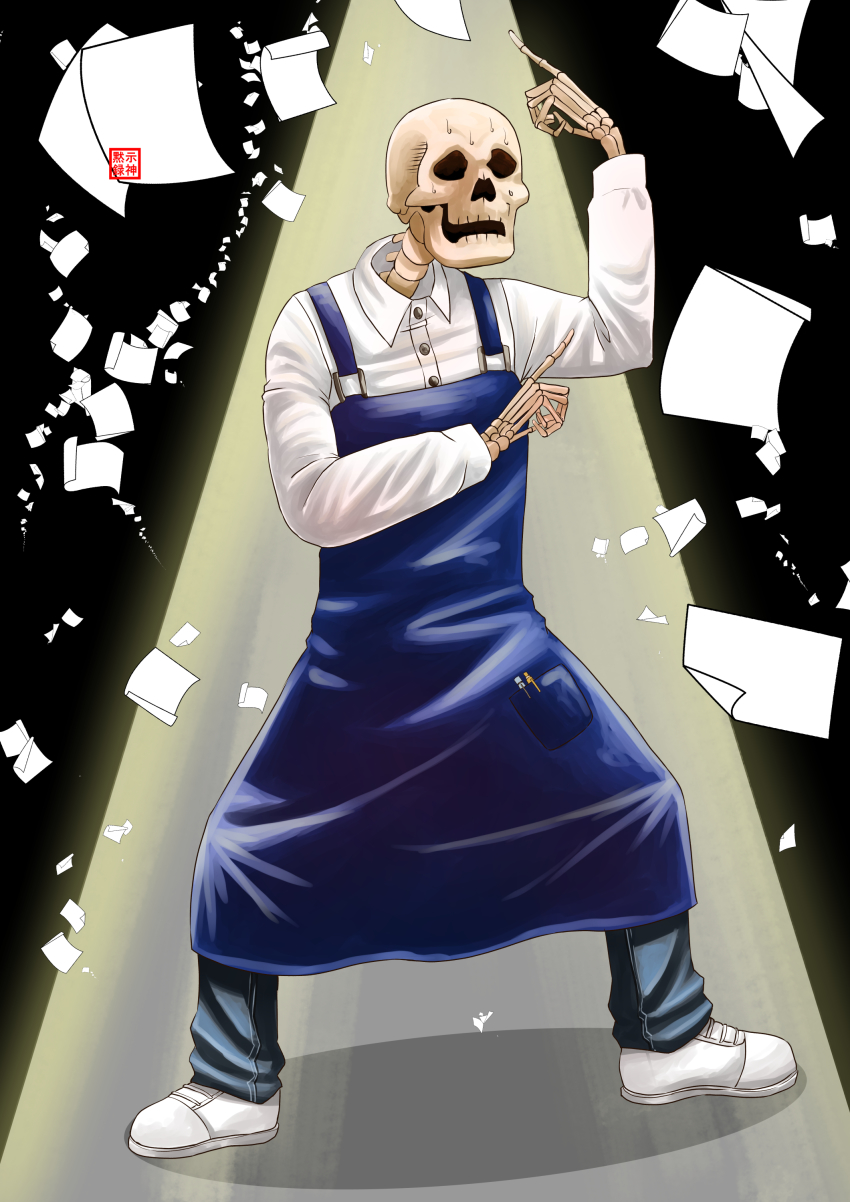 absurdres apocalipsejack apron black_background black_pants commission full_body gaikotsu_shotenin_honda-san hand_up highres honda-san long_sleeves pants paper pen pencil pocket shirt shoes skeleton skull sneakers solo spotlight standing sweatdrop white_shirt white_shoes