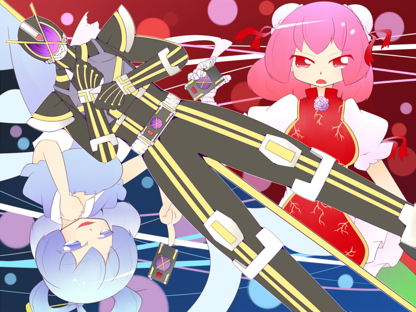 2girls bandages belt blue_eyes blue_hair bun_cover chinese_clothes double_bun dress flower hair_ornament hair_rings hair_stick hiyori_(higanahannnti) ibaraki_kasen kaku_seiga kamen_rider kamen_rider_555 kamen_rider_kaixa mask multiple_girls pink_hair red_eyes rose short_hair skirt smile tabard touhou