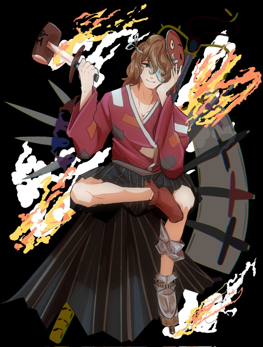 1other ametsukana_yago androgynous bandage_over_one_eye bohrelight brown_hair hakama hakama_skirt highres hyottoko_mask japanese_clothes kimono len&#039;en mask mask_on_head other_focus red_eyes red_kimono short_hair sitting skirt smile solo