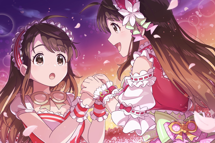 2girls :d :o aopanda brown_eyes brown_hair headband highres holding_hands idolmaster idolmaster_cinderella_girls long_hair multiple_girls okuyama_saori open_mouth petals smile