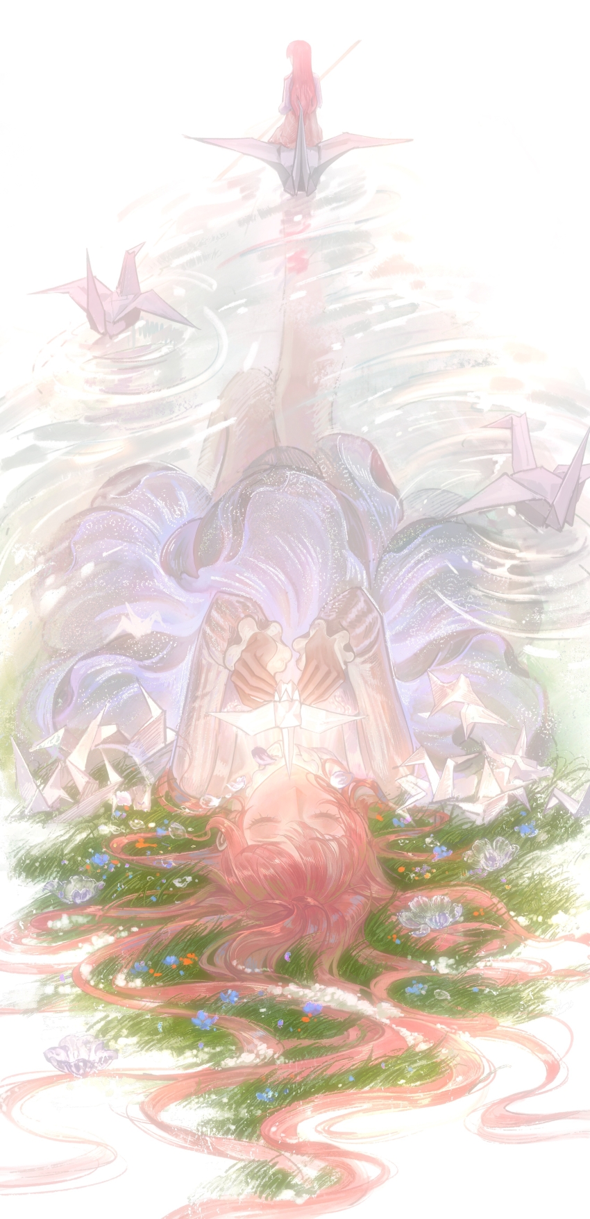 1girl absurdres bloom_poetry_(shining_nikki) border chinese_commentary closed_eyes commentary_request dress eyelashes field flower flower_field frilled_sleeves frills from_behind hair_spread_out highres holding holding_oar long_hair long_sleeves lying multiple_views nikki_(nikki) nikki_(series) oar object_floating_above_hand on_back on_ground origami outside_border paper_crane pinafore_dress pink_dress pink_hair pleated_dress purple_dress riding ripples roaring shining_nikki shirt short_dress sleeveless sleeveless_dress sleeves_past_wrists soaking_feet straight_hair striped_clothes striped_shirt vertical-striped_clothes vertical-striped_shirt very_long_hair white_border white_shirt xxyt-xx