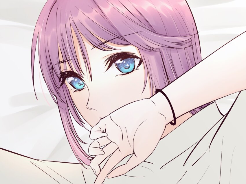 1girl aegis_zan anyoji_hime arms_up blue_eyes commentary_request flipped_bangs highres link!_like!_love_live! long_hair looking_at_viewer love_live! pink_hair portrait shirt sidelocks simple_background solo virtual_youtuber white_background white_shirt