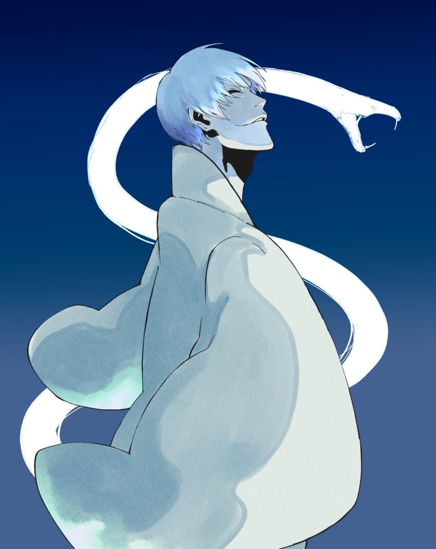 1boy 2025 arms_at_sides bleach blue_background chinese_zodiac closed_eyes commentary facing_away from_side hair_between_eyes highres ichimaru_gin japanese_clothes kimono long_sleeves male_focus mitu_hide43 nose parted_lips profile short_hair simple_background smile snake solo white_hair white_kimono white_snake wide_sleeves year_of_the_snake