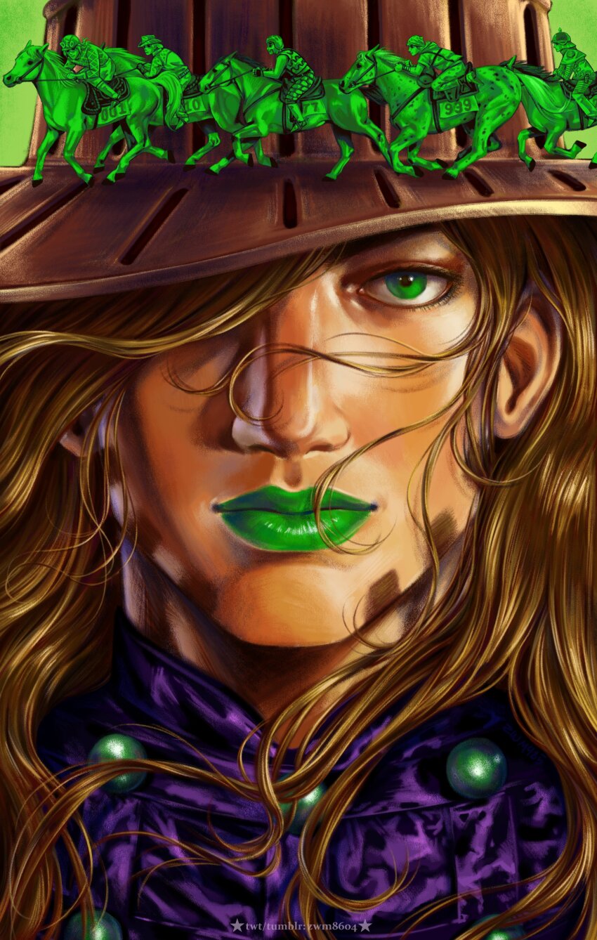 1girl 5boys absurdres argyle_clothes argyle_sweater beard brown_hair cowboy_hat diego_brando dress facial_hair full_body gets_up_(horse) ghost_rider_in_the_sky_(jojo) green_eyes green_lips green_theme gyro_zeppeli hair_over_one_eye hat helmet hey_ya_(horse) highres horse horseback_riding hot_pants_(sbr) johnny_joestar jojo_no_kimyou_na_bouken long_hair looking_at_viewer mountain_tim multiple_boys pocoloco portrait purple_shirt redrawn riding shirt silver_bullet_(jojo) slow_dancer_(jojo) steel_ball_run sweater watermark web_address zwm8604