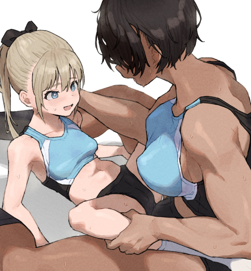 1futa 1girl blonde_hair blue_eyes breasts brown_hair bulge dark-skinned_female dark_skin erection erection_under_clothes futa_with_female futanari gym_uniform height_difference highres implied_futanari kei_(m_k) large_breasts long_hair m_k original ponytail rika_(m_k) short_hair simple_background size_difference small_breasts sweat tall_female tan tomboy
