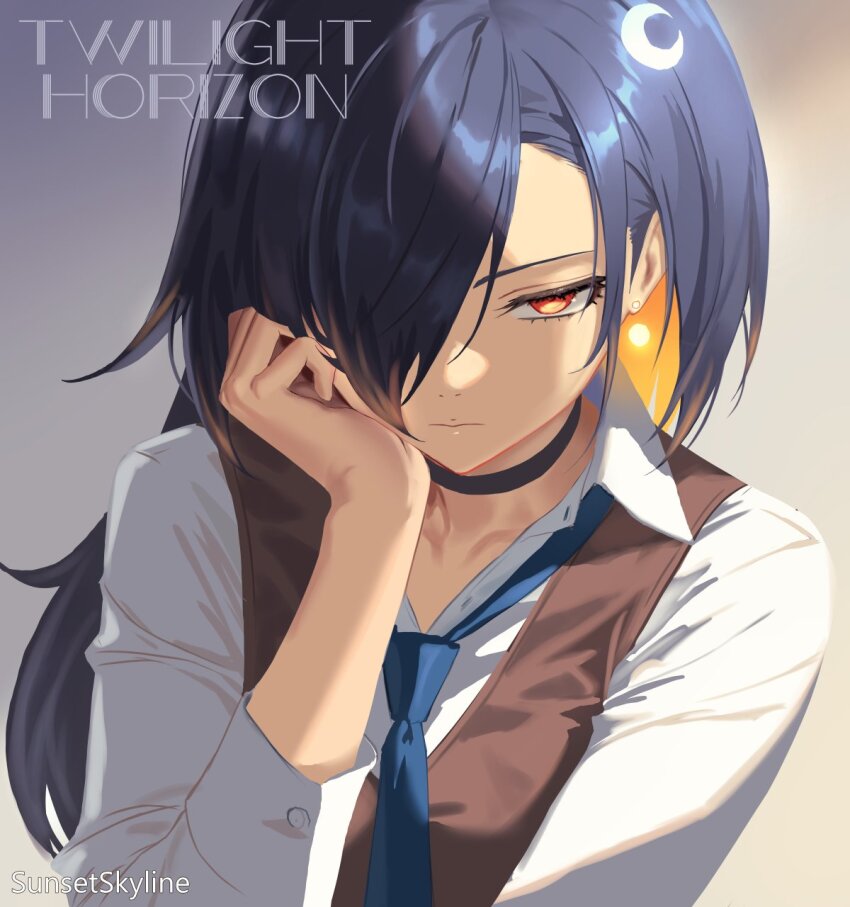 1girl artist_name black_choker black_vest blue_necktie brown_background character_name choker collarbone collared_shirt colored_inner_hair crescent crescent_hair_ornament dress_shirt earrings expressionless eyelashes gradient_background hair_ornament hair_over_one_eye half-closed_eyes hand_on_own_chin head_rest highres jewelry long_hair long_sleeves looking_at_viewer loose_necktie multicolored_hair narrowed_eyes necktie orange_eyes orange_hair original partially_unbuttoned portrait purple_background purple_hair shirt solo stud_earrings sunsetskyline twilight_horizon two-tone_background two-tone_hair vest white_shirt