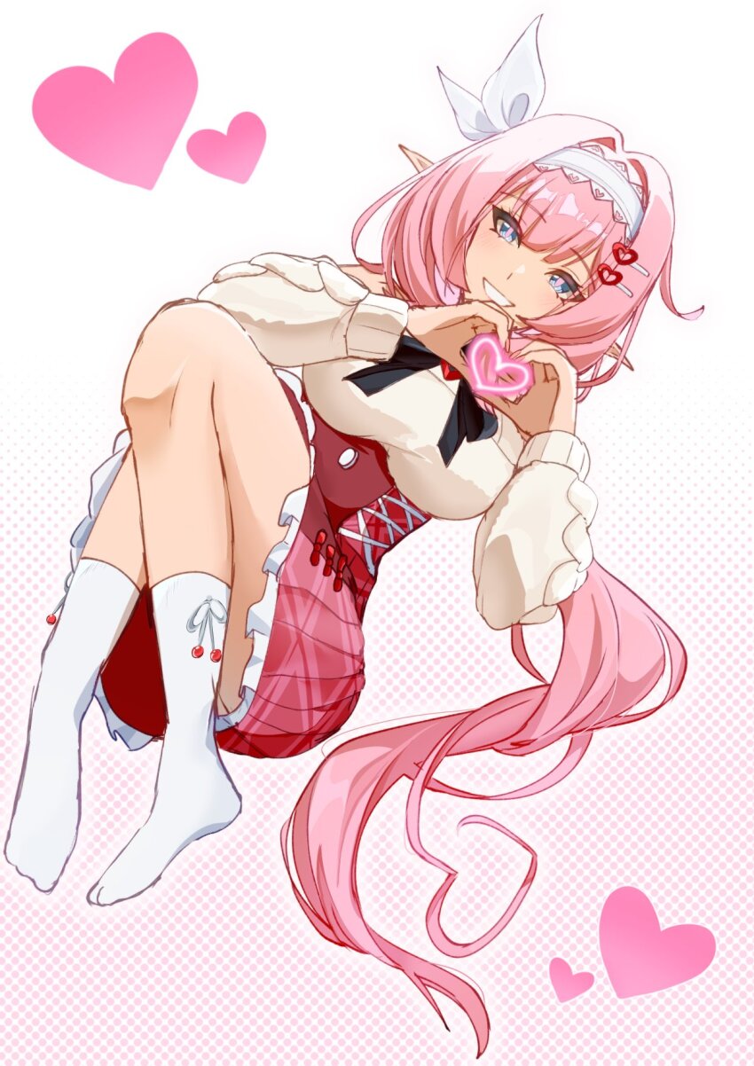 1girl 332e_e blue_eyes breasts commentary_request elf elysia_(honkai_impact) hairband heart heart_hands highres honkai_(series) honkai_impact_3rd large_breasts long_hair looking_at_viewer no_shoes pink_hair pointy_ears polka_dot polka_dot_background red_skirt shirt skirt smile socks solo thighs very_long_hair white_hairband white_shirt white_socks