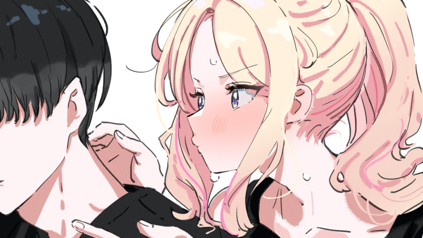 1boy 1girl black_hair blonde_hair commentary_request gakuen_idolmaster hetero idolmaster imminent_kiss juo_sena kasasagi_(futagodori888) looking_at_another multicolored_hair nervous_sweating o3o pink_hair ponytail producer_(idolmaster) sidelocks simple_background streaked_hair sweat two-tone_hair upper_body white_background