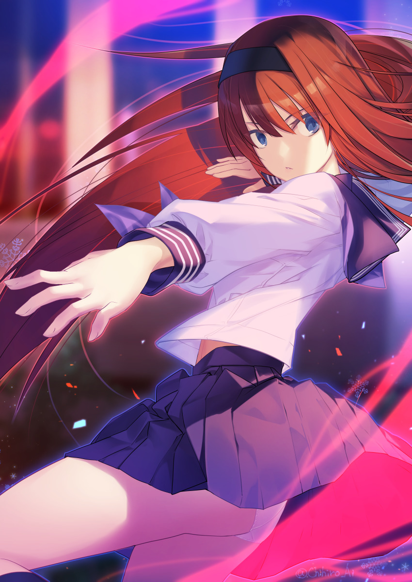 1girl absurdres aikura_chihiro ass black_hairband blouse blue_eyes blue_neckerchief blue_sailor_collar blue_skirt commentary commission english_commentary fingernails floating_hair hair_between_eyes hairband highres long_hair long_sleeves looking_at_viewer melty_blood melty_blood:_type_lumina midriff_peek miniskirt neckerchief outstretched_arm panties pleated_skirt red_hair sailor_collar school_uniform shirt skeb_commission skirt snowflakes solo thighs tohno_akiha toono_akiha tsukihime tsukihime_(remake) twitter_username underwear vermillion_akiha white_panties white_shirt