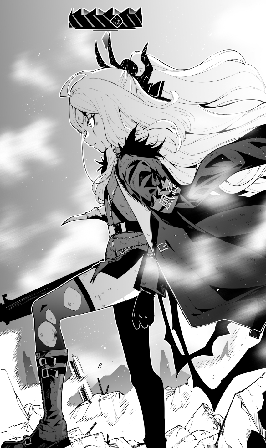 1girl absurdres armband belt belt_boots bleeding blood blood_on_face blue_archive boots closed_mouth coat coat_on_shoulders embers foot_out_of_frame from_side fur-trimmed_coat fur_trim gloves greyscale halo highres hina_(blue_archive) horns long_hair low_wings military military_uniform monochrome multiple_horns rubble smoke solo thighhighs torn_clothes tsukamoto_minori wind wings