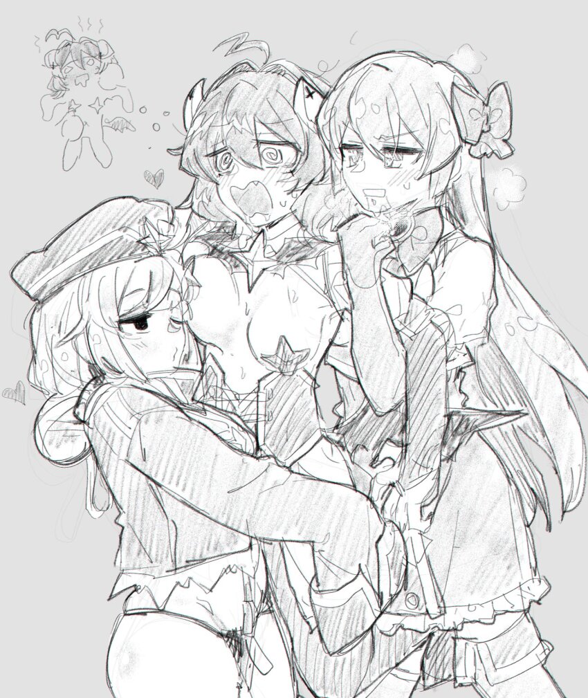 ahoge an_sin blush breasts covered_erect_nipples drooling grey_background hair_bun highres hiiragi_utena horns hug leoparde_(mahou_shoujo_ni_akogarete) long_hair magia_azure magia_baiser mahou_shoujo_ni_akogarete medium_breasts minakami_sayo sketch thighs yuri